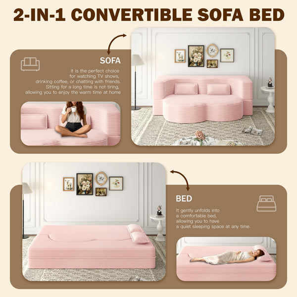 English Elm Modern Full Size Folding Sofa Bed Plush Corduroy Convertible 2-Pillow Sleeper 15" Foam Mattress, Beige W1885P371313