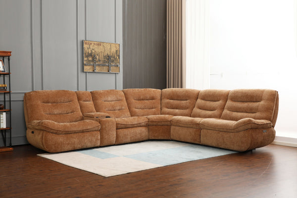 English Elm Emmy Orange Chenille Power Sectional Sofa with Console, USB Type-C/A, Wireless Charge, Zero Gravity Recline B2726S00396