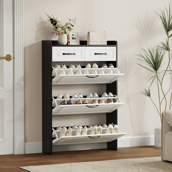 English Elm 1250 Black flip drawer shoe cabinet with 3 doors, 2 drawers, adjustable shelves and large entrance storage W1320S00005