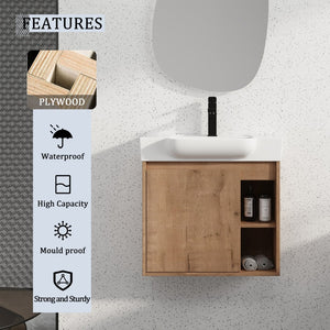 English Elm 24'' Floating Wall Mounted Bathroom Vanity with Ceramic Sink and Soft Close Cabinet Imitative Oak W999P426630