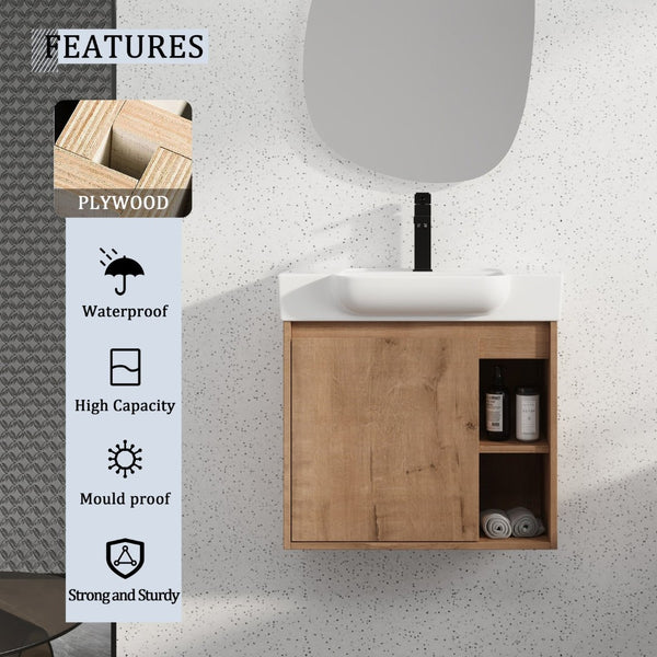English Elm 24'' Floating Wall Mounted Bathroom Vanity with Ceramic Sink and Soft Close Cabinet Imitative Oak W999P426630