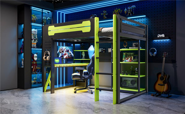 English Elm Full Size Loft Bed with Rgb Lighting Chevron Desk Usb Charging Ports and Storage Shelves Black+Green LT000286AAG