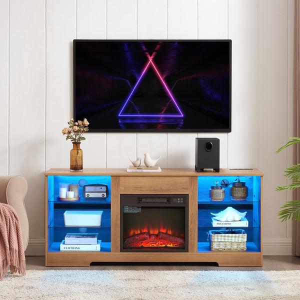 English Elm TV LED Fireplace TV Stand with Bluetooth LED Lights, Remote, USB Charging & Ample Storage, 58" Oak W2275P257558