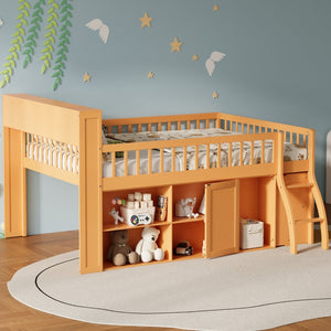 English Elm Queen Loft Bed with Open Shelving Built-in Led Light White Wood Frame N7090005025N