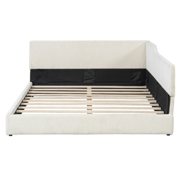 English Elm Full Size L-shaped Corduroy Upholstered Daybed Sofa for Living Room or Studio Beige N737P380207A