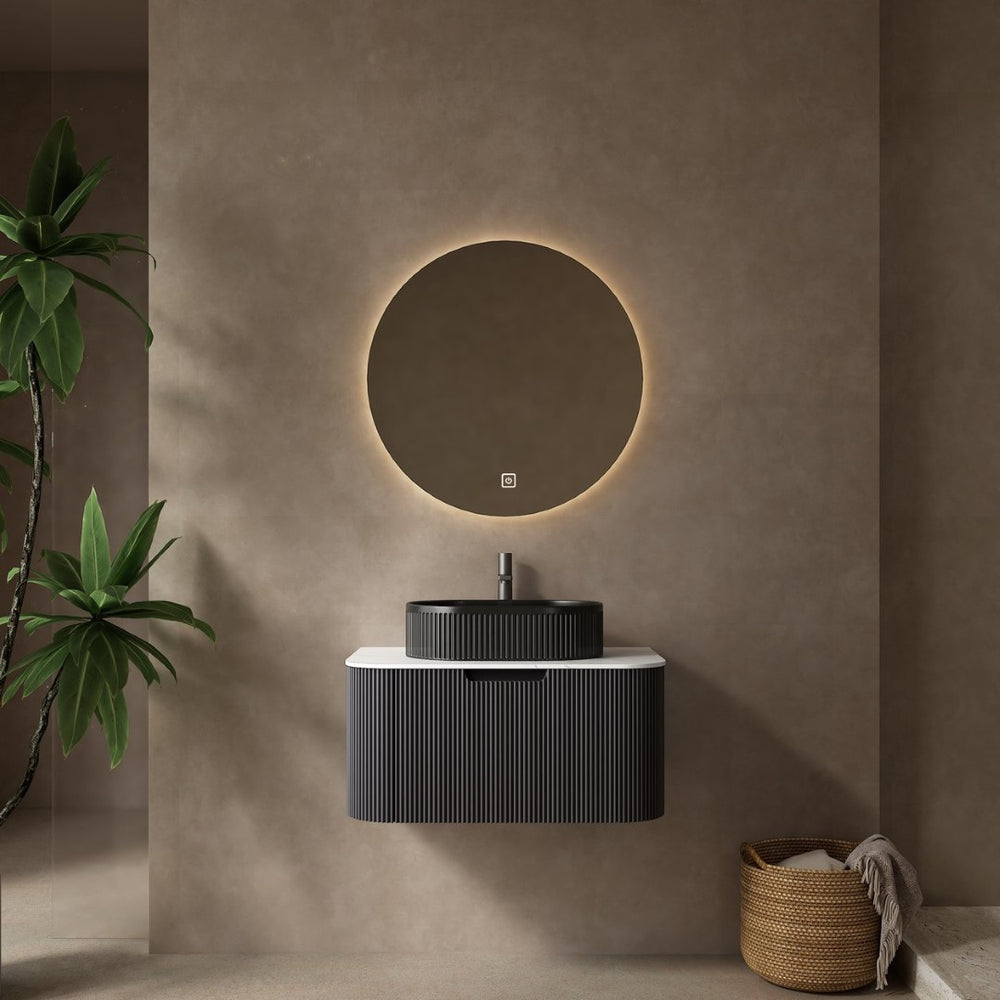 English Elm Muri Floating Bathroom Vanity Plywood Cabinet Sintered Stone Top Oak Drawer Black W2615S00087