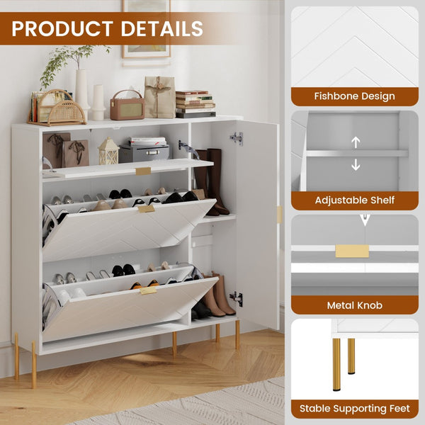 English Elm Mdf Herringbone Shoe Cabinet Gold Hardware Entryway Organizer Holds 16 Pairs White T3609P482837