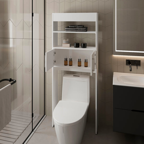 English Elm Over Jozz Toilet Cabinet White - Space-Saving 24.56" W x 8" D x 63" H Engineered Wood, Modern Durable Design B092P309167