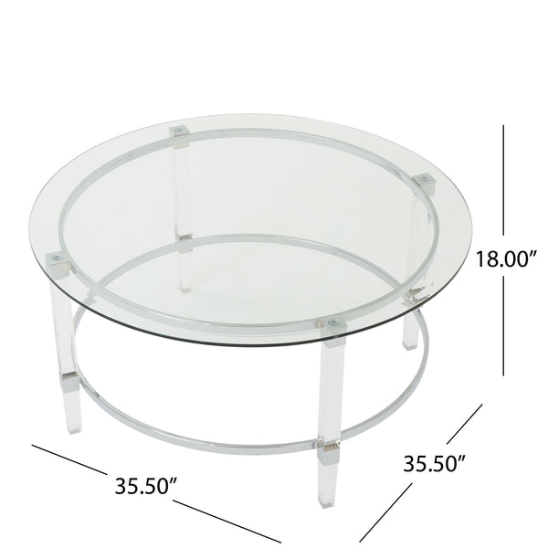 English Elm Christopher Knight Home® - ROUND Glass Tempered Coffee Table with Clear Iron & Acrylic Frame, 36" Round Minimalist Modern Style 61530.00