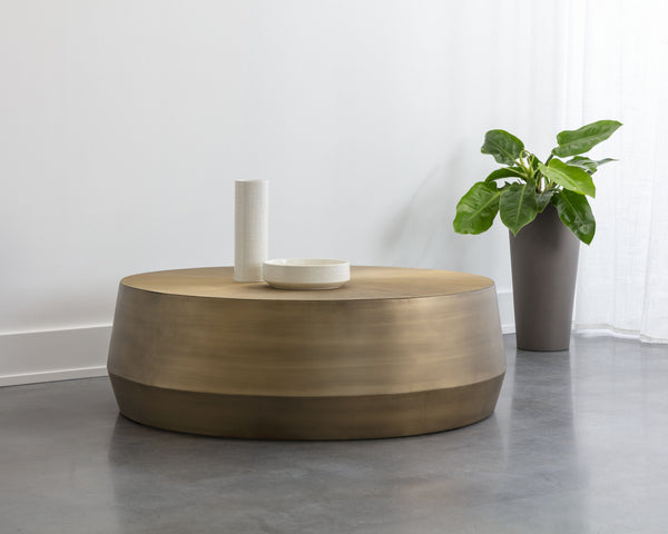 Sunpan Creed Coffee Table - Hand-Etched Iron Design with Drum Base, Perfect for Modern Living Spaces Large - 48W x 48D x 15H