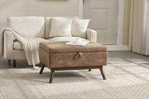 English Elm Mid-century square storage bench with solid wood frame, microfiber upholstery, versatile ottoman seat and tabletop functionality for living room and entryway appeal Coffee W1539P269650