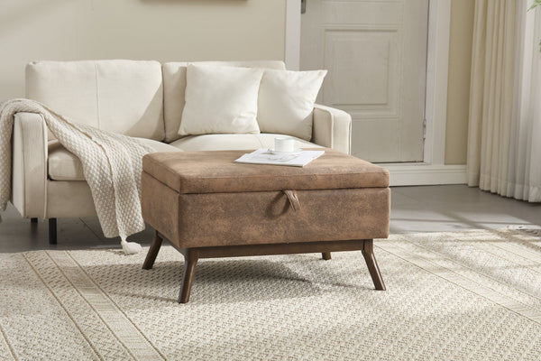 English Elm Mid-century square storage bench with solid wood frame, microfiber upholstery, versatile ottoman seat and tabletop functionality for living room and entryway appeal Coffee W1539P269650