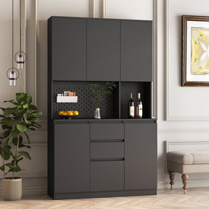 English Elm 74" Freestanding Buffet with Hutch - Black 6-Door Kitchen Pantry Cabinet, 3 Shelves, 2 Drawers, Multipurpose Storage for Laundry, Closet W1321S00005
