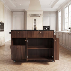 English Elm Kitchen Rolling Cart with Black Marble Top Drop Leaf Drawers and Spice Rack Storage Walnut B2764S00007