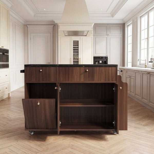 English Elm Kitchen Rolling Cart with Black Marble Top Drop Leaf Drawers and Spice Rack Storage Walnut B2764S00007