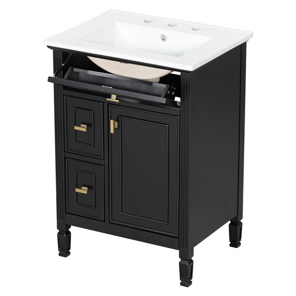 English Elm 24-Inch Bathroom Vanity with Sink, Solid Wood & MDF, Ceramic Top, Gold Handles, Flip Drawer Design Black N725P350824B