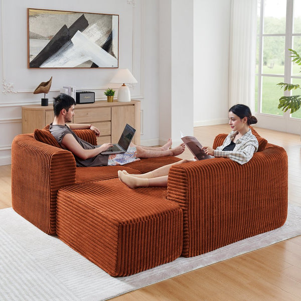 English Elm 114" Cloud Sectional Couch with L-Shape Chaise Modular Corduroy Sofa with Movable Ottoman, No Assembly Required, Plush Comfort for Living Spaces Orange W1117P371653