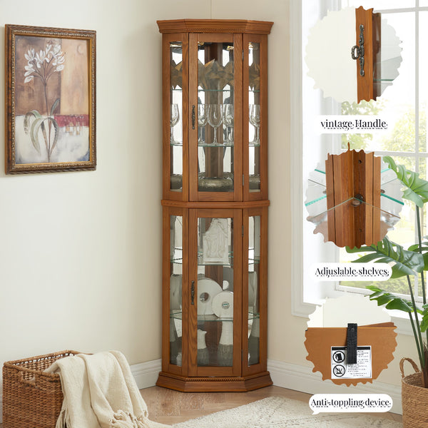 English Elm Lighted Corner Curio Cabinet - Elegant Display Shelf With Adjustable Glass Shelves & Ambient Lighting W1758P300137