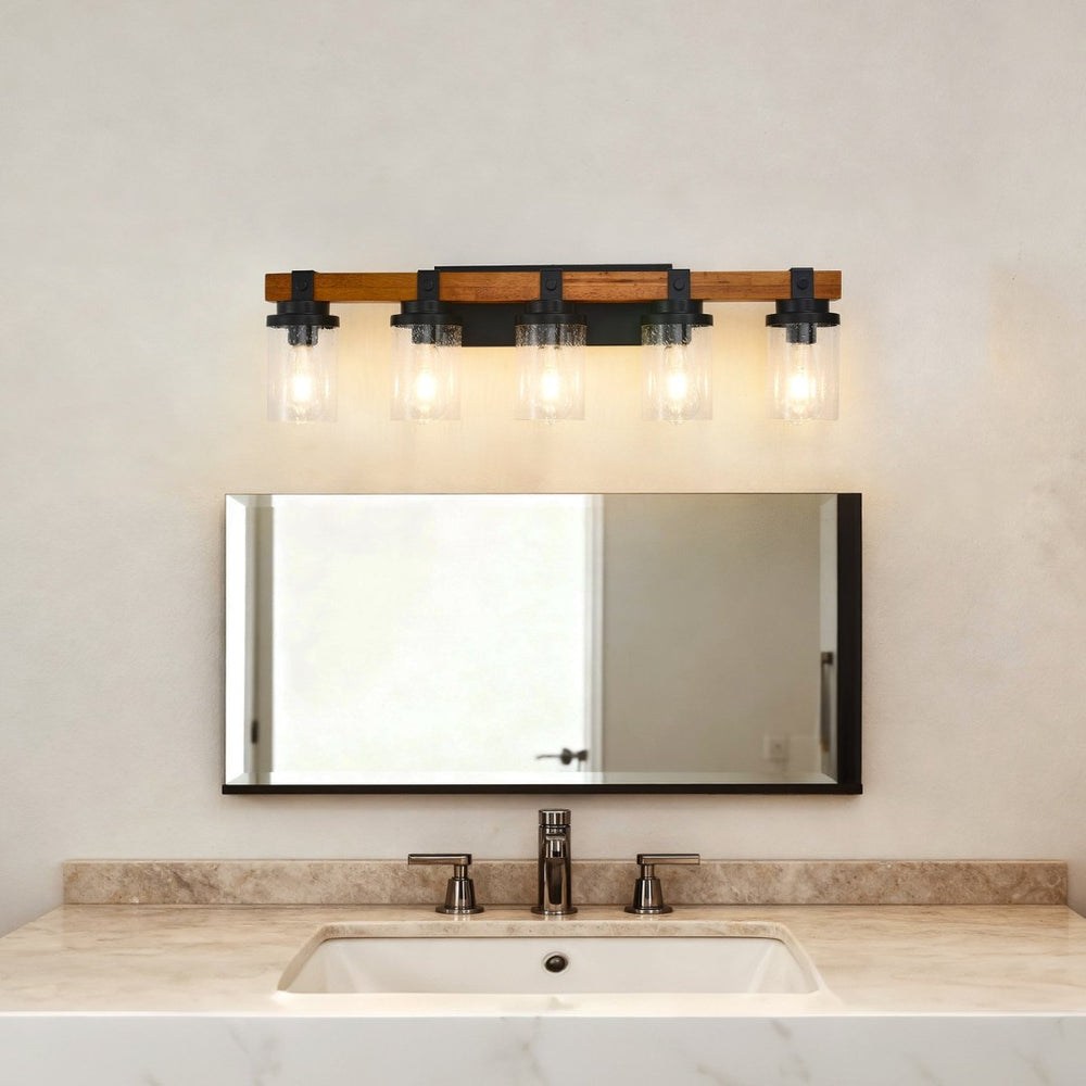 English Elm 5-light Matte Black Wood Accent Vanity Bar with Clear Glass Shades for Bath or Kitchen W5008P388945
