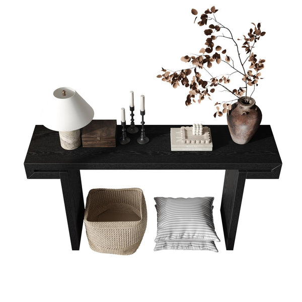 English Elm 60inches Rustic Farmhouse Console Table with Distressed Wood Veneer, Narrow Entryway Sofa Accent Piece Black W1445P330978