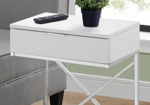 English Elm Accent Table With Storage Drawer - Modern Glossy White & Chrome Design For Living Room & Bedroom B2710P219296