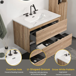 English Elm Gloria 30 Inch Floating Bathroom Vanity Rough Oak Finish with Ceramic Sink Modern Bath W1865S00196