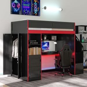 English Elm Gaming Full Loft Bed with Built-in Desk Led Lights and Storage for Teen Rooms N709P004103J