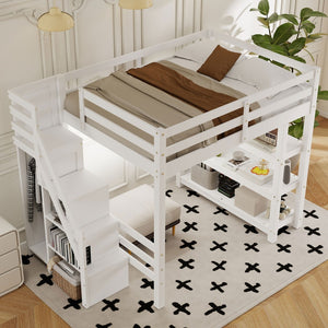 English Elm Full Size Loft Bed with Wardrobe Storage Staircase Shelves and Led Lighting N7090000472K-1