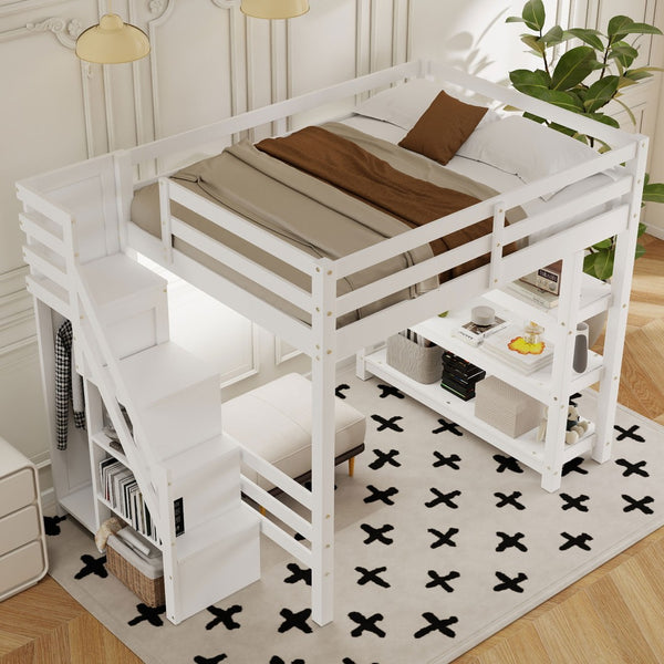 English Elm Full Size Loft Bed with Wardrobe Storage Staircase Shelves and Led Lighting N7090000472K-1