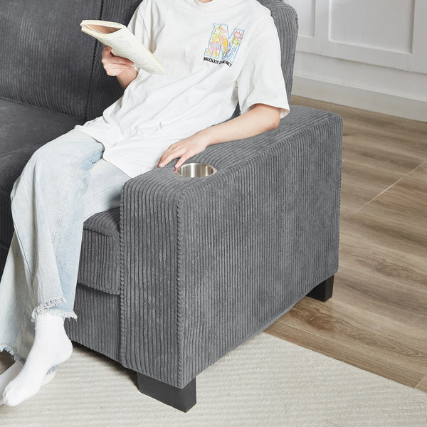 English Elm 83.86"Corduroy comfy sofa with resilient sponge & spring cushions, stylish modern 3-seater for living spaces Gray W1359P215066