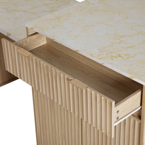 English Elm K&K Fluted Kitchen Island with Extendable Dining Table, Art Deco Mid-Century Design, Built-In Power Hub, Gold Handle Natural N707S000018Y