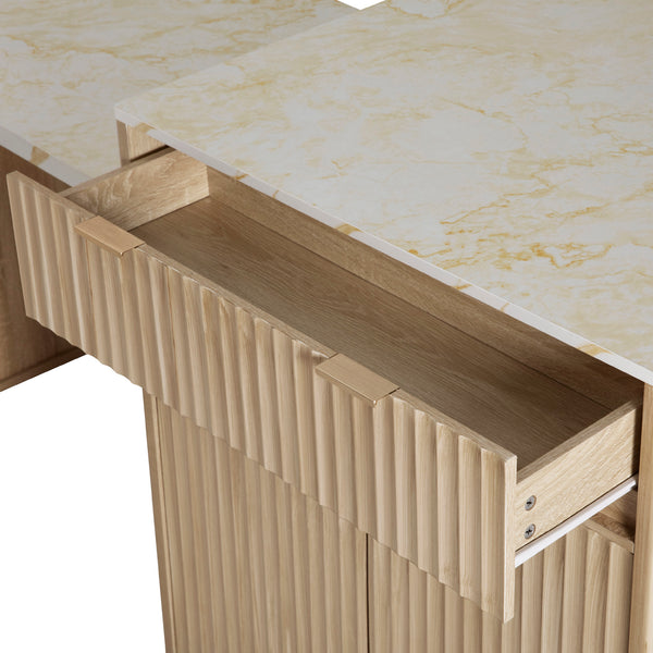 English Elm K&K Fluted Kitchen Island with Extendable Dining Table, Art Deco Mid-Century Design, Built-In Power Hub, Gold Handle Natural N707S000018Y