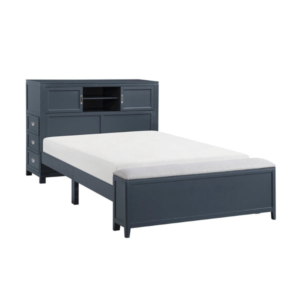 English Elm Gray Full Platform Bed with Bookcase Headboard Fold Out Desk Drawers and Footboard Bench Navy Blue B011S02313