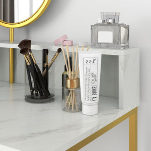 English Elm HOMCOM Faux Marble Vanity Desk with Rotating Mirror, Open Storage, Gold Steel Frame for Bedroom W2225P217016