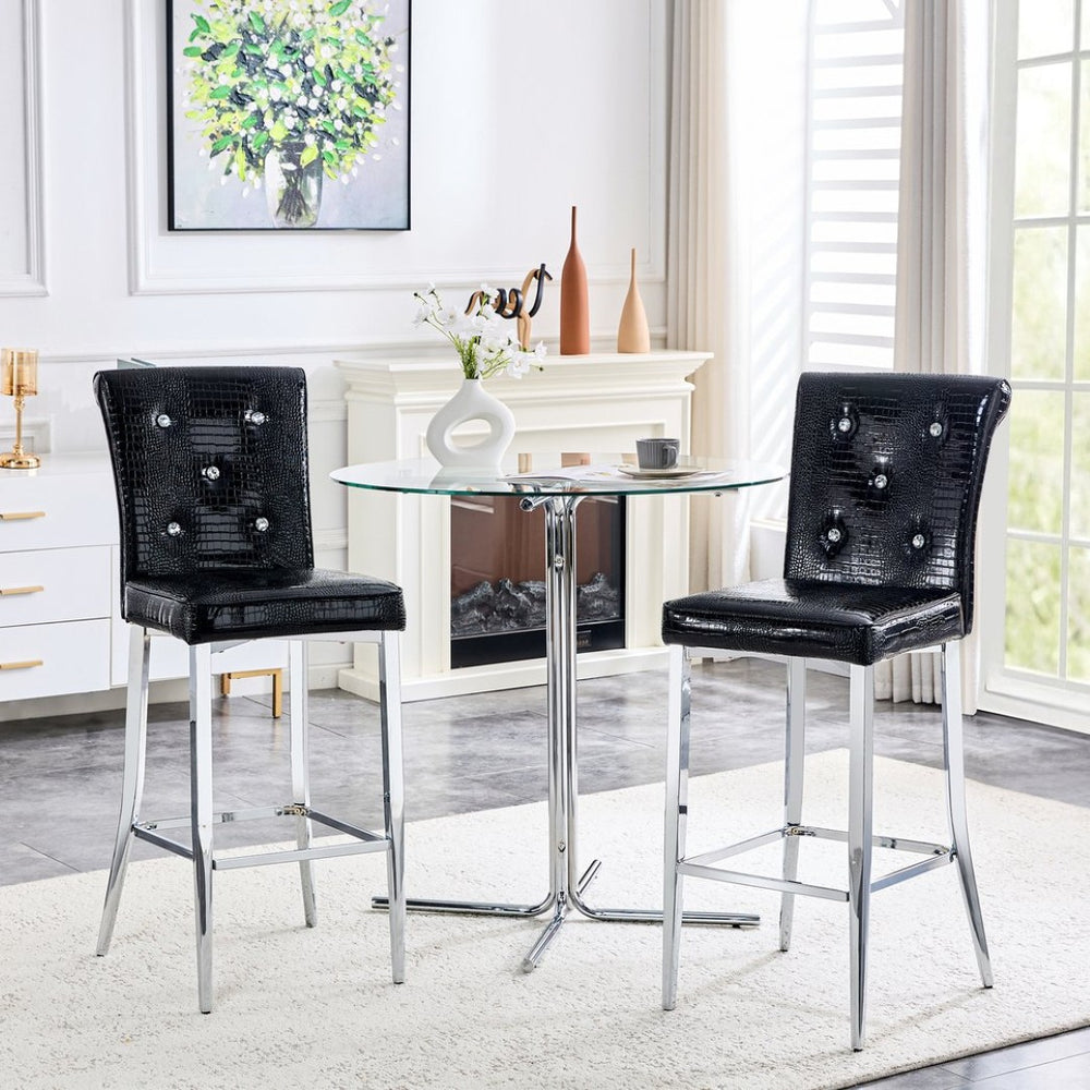 English Elm A Set of 2 Crocodile Embossed Pvc Barstools with Crystal Clasp Detail for Home Bars Black W3875P383114