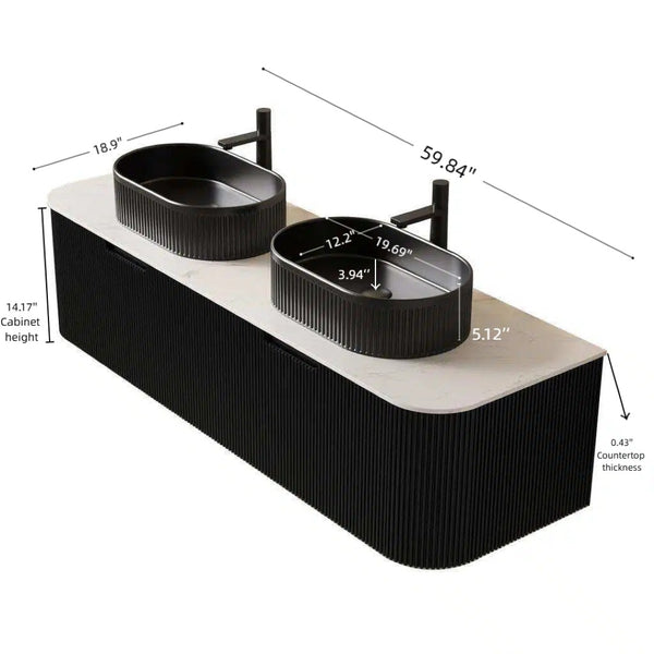 English Elm Dina 60 Inch Floating Bathroom Vanity Sintered Stone Top Dual Glass Basins Wood Grain Black,Carrara White W2615S00200