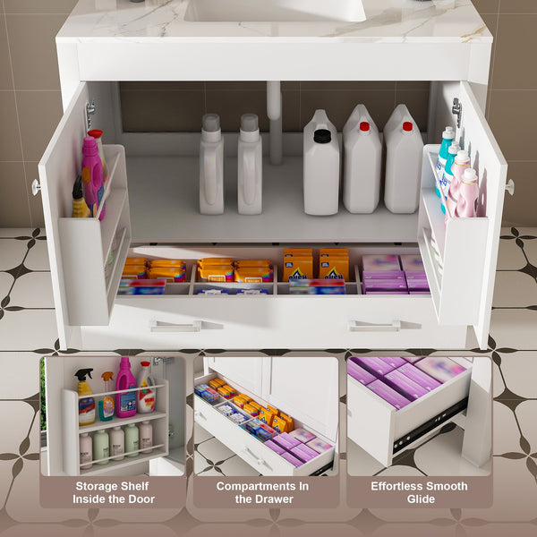 English Elm Modern 43" Bathroom Vanity With Artificial Marble Finish, Solid Wood Frame & Practical Storage Solutions W509S00140