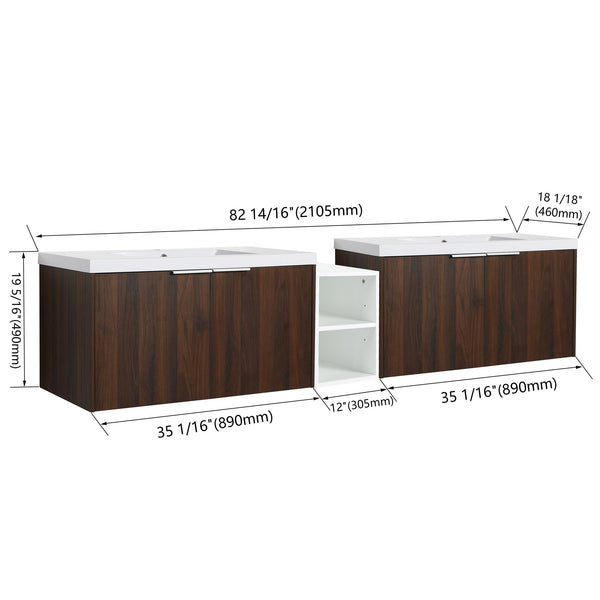 English Elm 84 Inch Wall Mounted Vanity with Dual Resin Sinks, Soft Close Doors, Metal Handles, Ample Storage Space California Walnut W999S00191