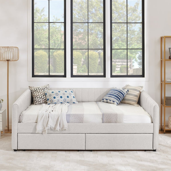 English Elm Queen Size Upholstered Daybed With Trundle & Storage Drawers, Stylish Beige Linen, Comfort & Function W1413S00068-GIGA