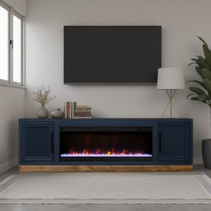 English Elm Nora 81 Inch Fireplace TV Stand with 42" Electric Insert, Two-Tone Alder & Poplar Craftsmanship Blue B108P345197