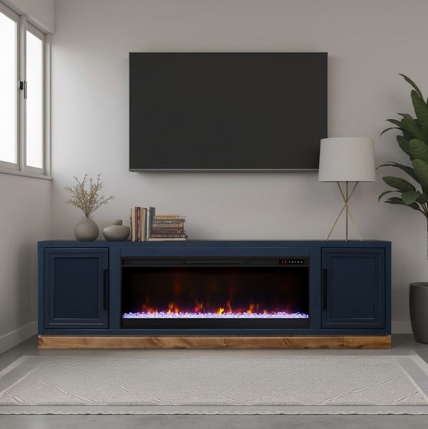 English Elm Nora 81 Inch Fireplace TV Stand with 42" Electric Insert, Two-Tone Alder & Poplar Craftsmanship Blue B108P345197