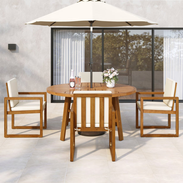 English Elm 5-Piece Acacia Wood Outdoor Dining Set with Water-Resistant Cushions, Umbrella Hole, Beige Comfort N719Z000210A