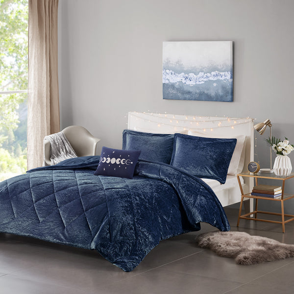 JLA Home Intelligent Design - Velvet Crushed-velvet Comforter Set with Diamond Quilting, Hypoallergenic Fill and Plush Texture Navy ID10-1660