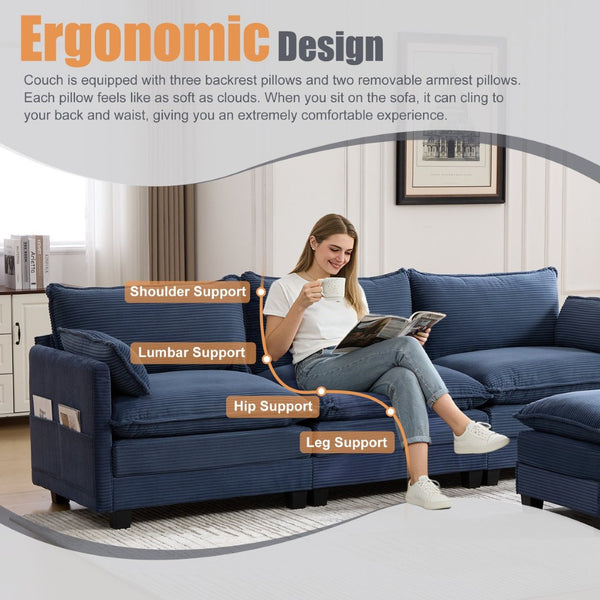 English Elm United We Win Modular Corduroy Sectional with Ottoman Low Profile Living Room Couch Navy W1568S00261