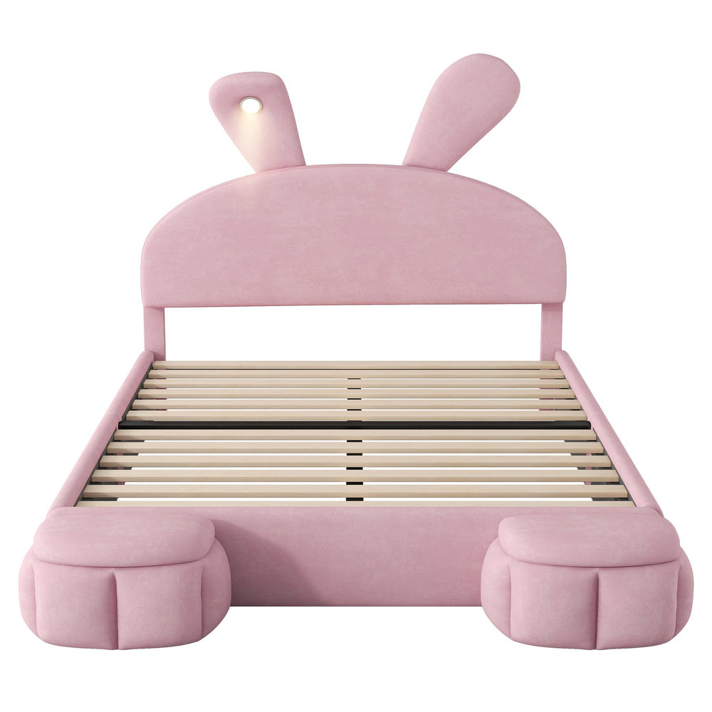 English Elm Full Full Size Upholstered Platform Bed with Cute Cartoon Ear Headboard, LED Light, Pink Velvet Cozy Retreat N709P195300H