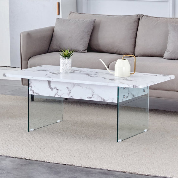 English Elm Multifunctional Lift Top Coffee Table with Tempered Glass Legs, Ergonomic Storage and Durable MDF Finish Transparent,White W2920P226076