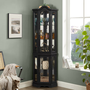 English Elm Lighted Corner Curio Cabinet With Adjustable Shelves & Integrated Lighting - Stylish Oak Display Solution W1758P300124