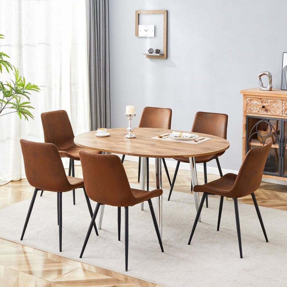 English Elm Table and Chair Set Extendable Round to Oval Wood Grain Mdf with Six Upholstered Seats W1151S03967
