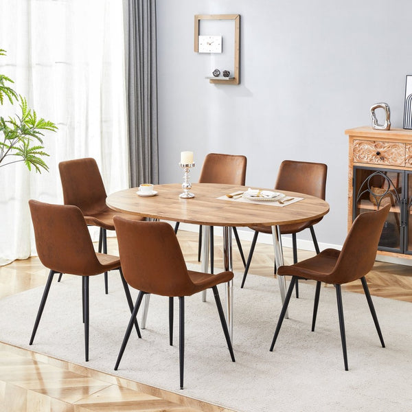 English Elm Table and Chair Set Extendable Round to Oval Wood Grain Mdf with Six Upholstered Seats W1151S03967