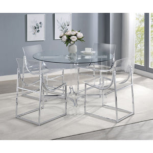 English Elm Uptown Round Glass Top Acrylic 5 Piece Dining Set with Chrome Sled Chair Bases B062S01784